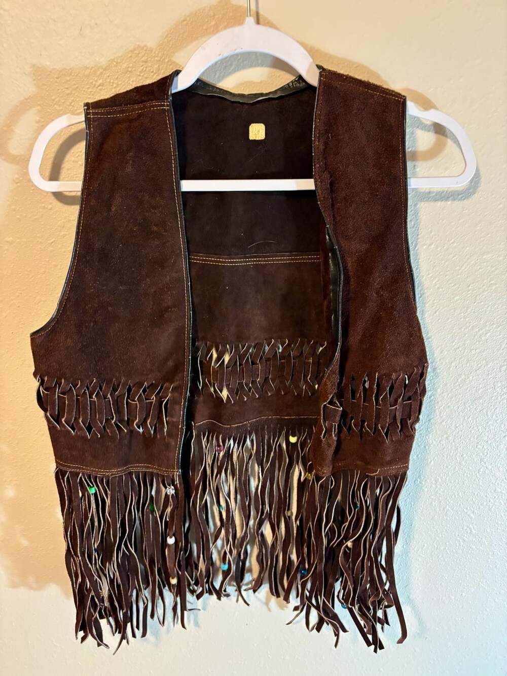 Vintage Brown Suede Leather Fringe Western Vest Beaded Boho